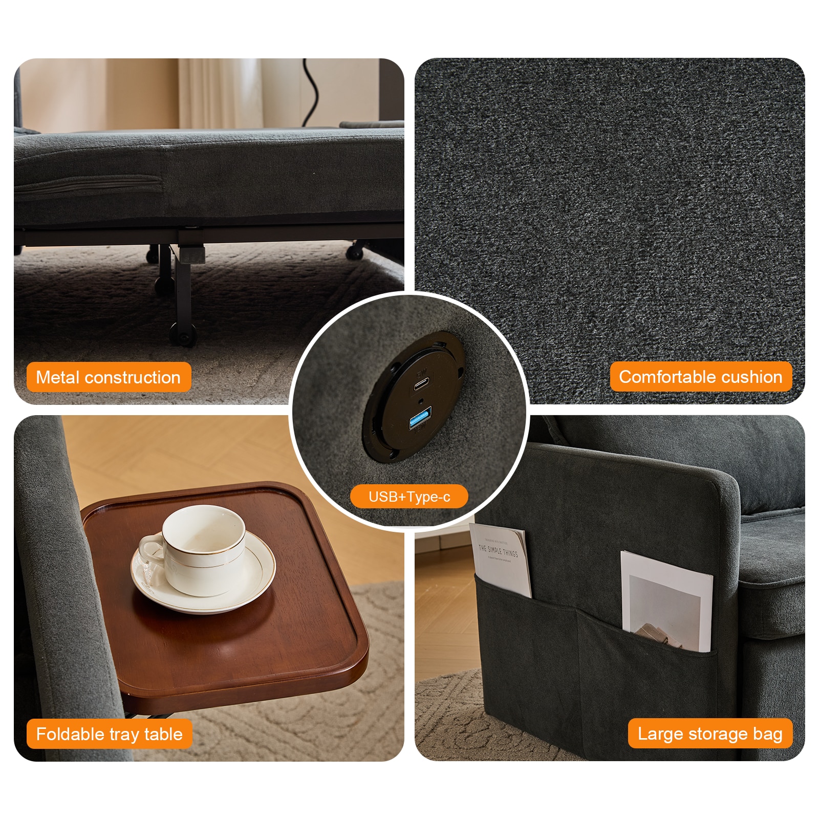 Adult Sleeper Chair Bed, 3-in-1 Convertible Sofa Chair Bed Pull-out Sofa Bed, Convenient Folding Tray Table with USB and Type-C Charging Ports Modern Loveseat for Living Room,DARK-GREY,Fabric Adult Sleeper Chair Bed, 3-in-1 Convertible Sofa Chair Bed Pull-out Sofa Bed, Convenient Folding Tray Table with USB and Type-C Charging Ports Modern Loveseat for Living Room,DARK-GREY,Fabric